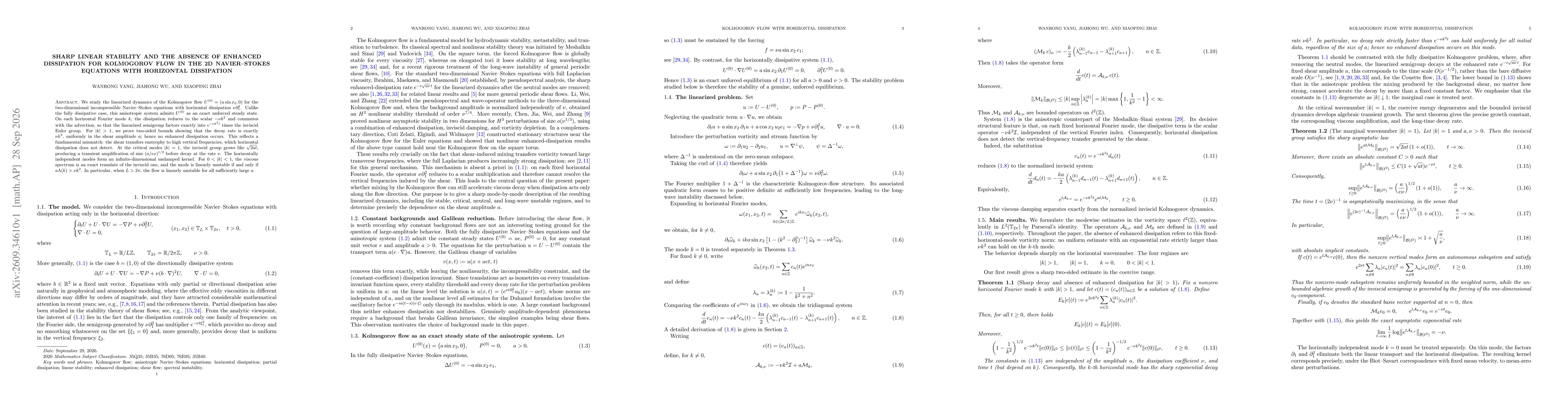 Thumbnail for Sharp linear stability and the absence of enhanced dissipation for Kolmogorov flow in the 2D Navier--Stokes equations with horizontal dissipation