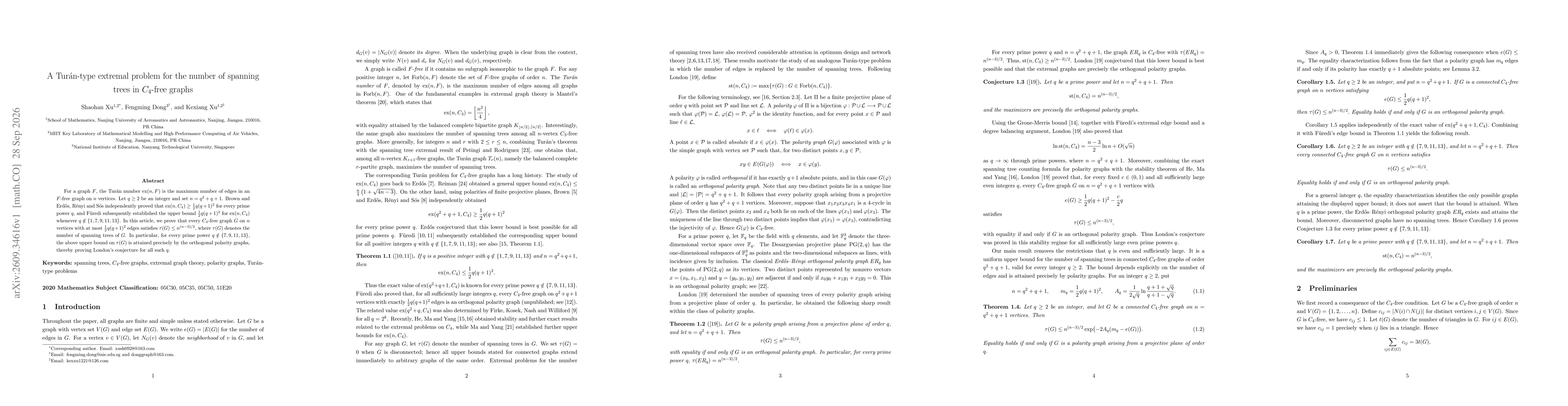 Thumbnail for A Turán-type extremal problem for the number of spanning trees in $C_4$-free graphs