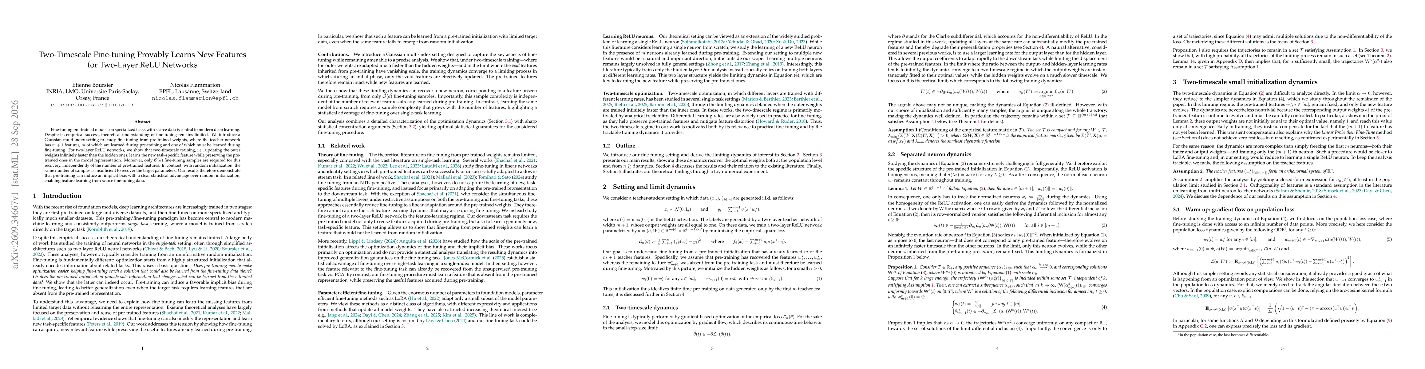 Thumbnail for Two-Timescale Fine-tuning Provably Learns New Features for Two-Layer ReLU Networks