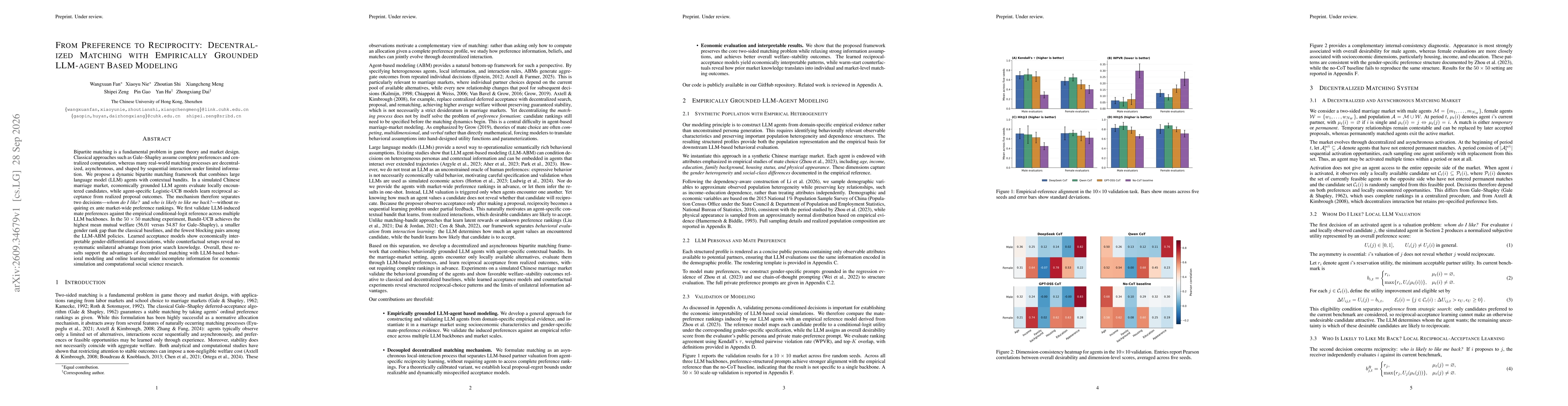 Thumbnail for From Preference to Reciprocity: Decentralized Matching with Empirically Grounded LLM-agent Based Modeling