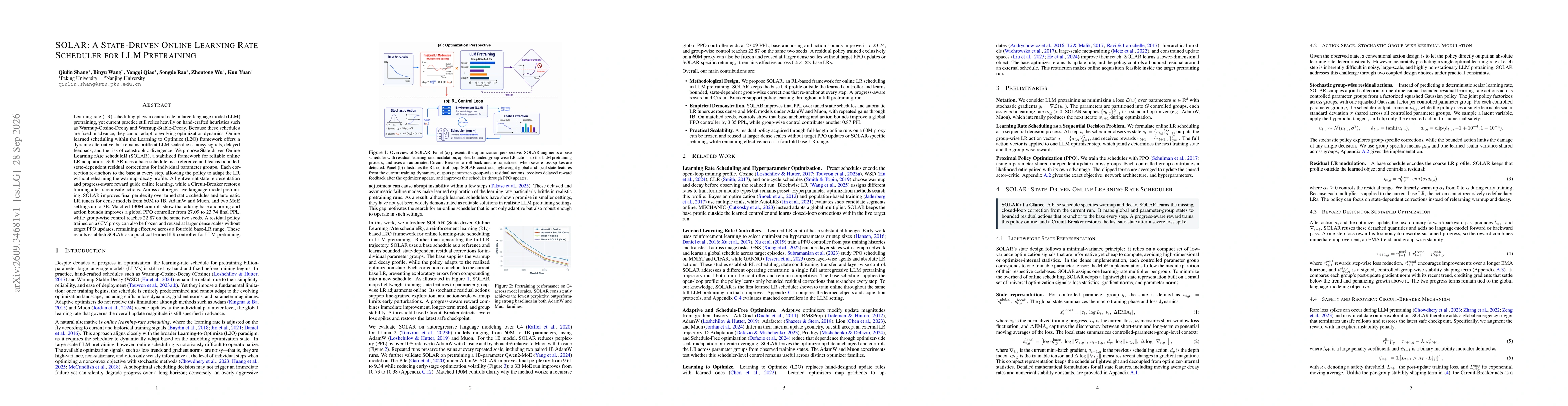 Thumbnail for SOLAR: A State-Driven Online Learning Rate Scheduler for LLM Pretraining