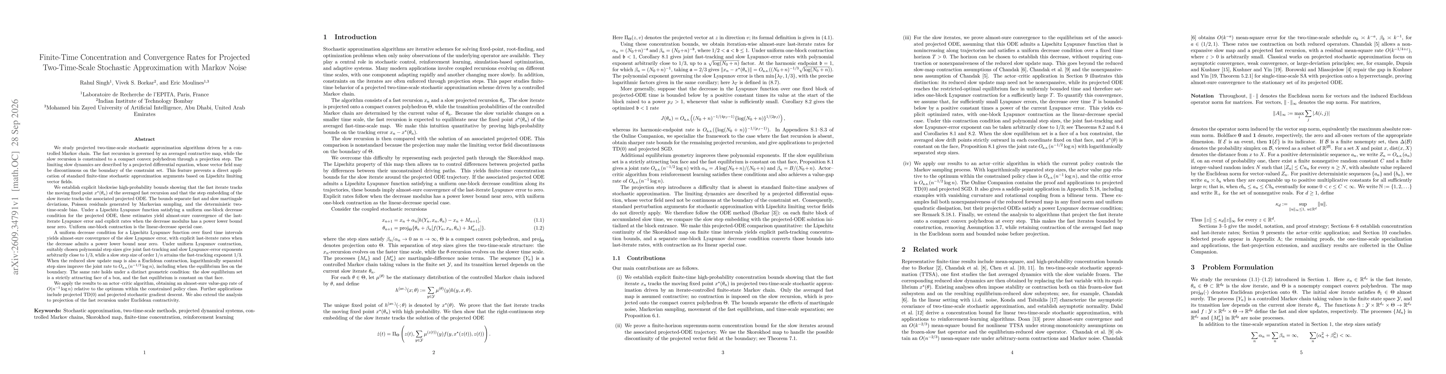 Thumbnail for Finite-Time Concentration and Convergence Rates for Projected Two-Time-Scale Stochastic Approximation with Markov Noise