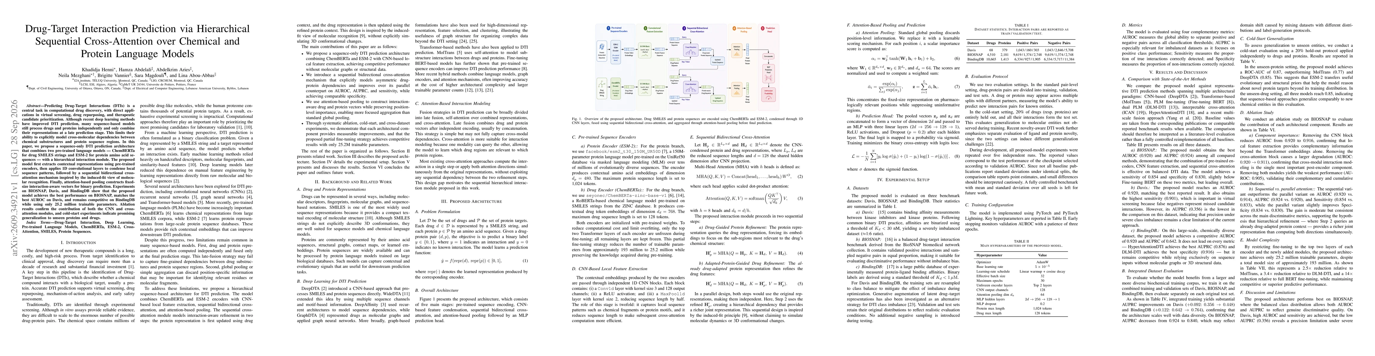 Thumbnail for Drug-Target Interaction Prediction via Hierarchical Sequential Cross-Attention over Chemical and Protein Language Models