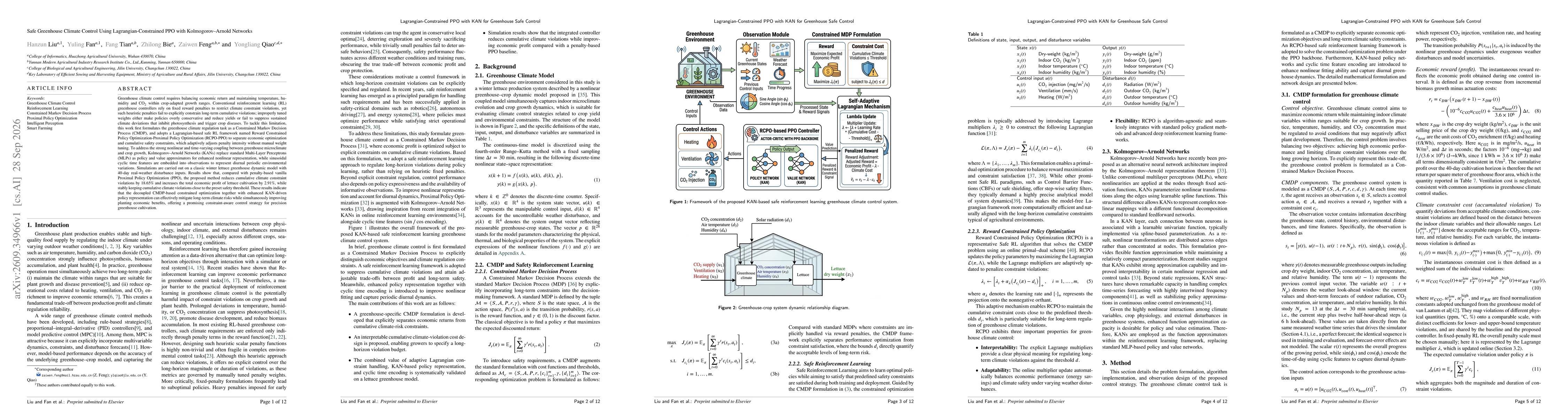 Thumbnail for Safe Greenhouse Climate Control Using Lagrangian-Constrained PPO with Kolmogorov-Arnold Networks