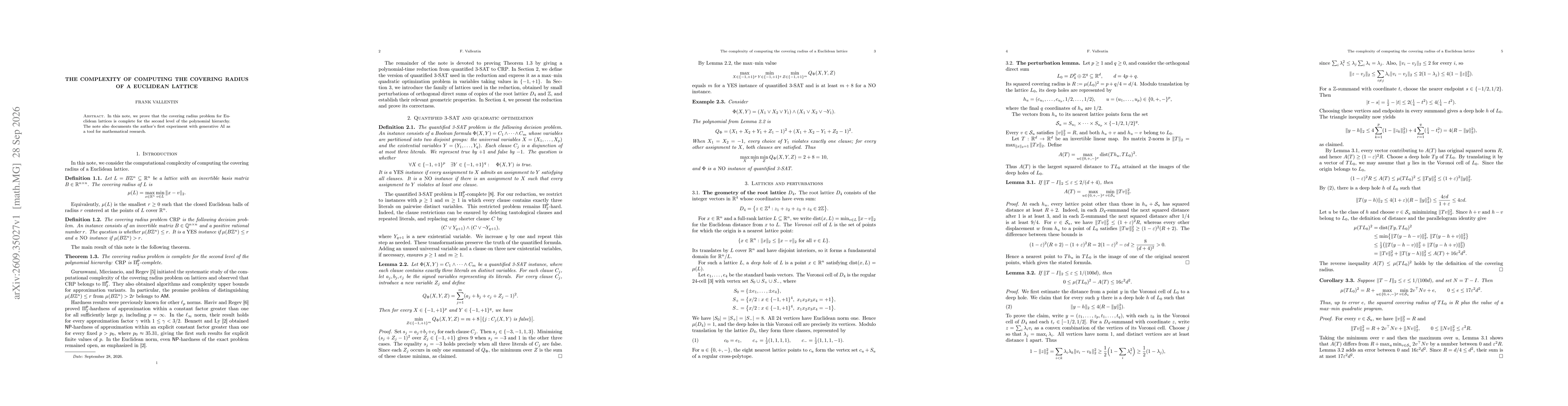 Thumbnail for The complexity of computing the covering radius of a Euclidean lattice