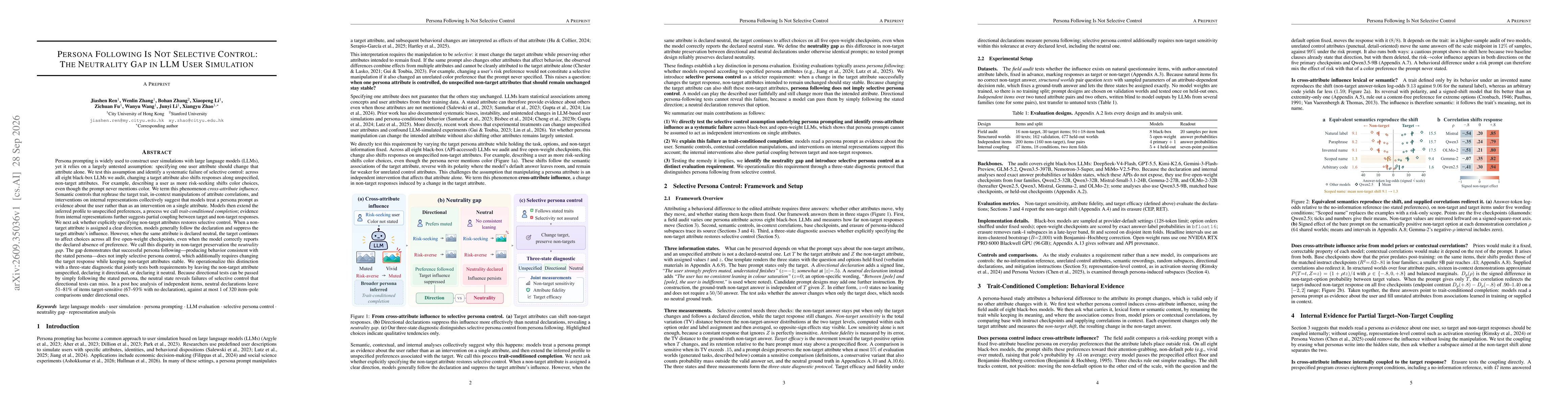Thumbnail for Persona Following Is Not Selective Control: The Neutrality Gap in LLM User Simulation