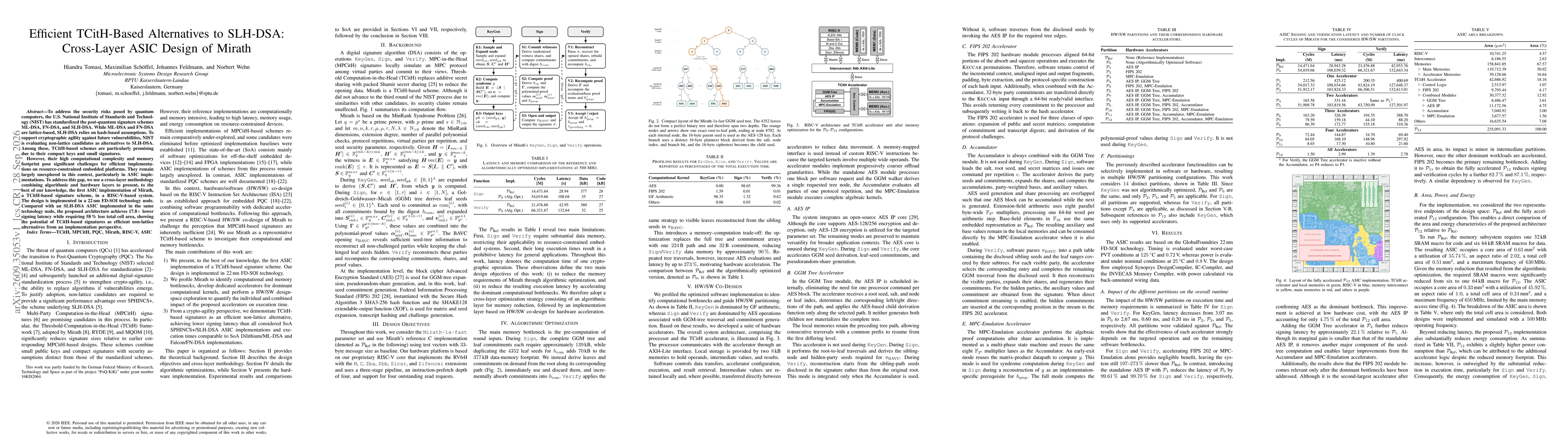 Thumbnail for Efficient TCitH-Based Alternatives to SLH-DSA: Cross-Layer ASIC Design of Mirath