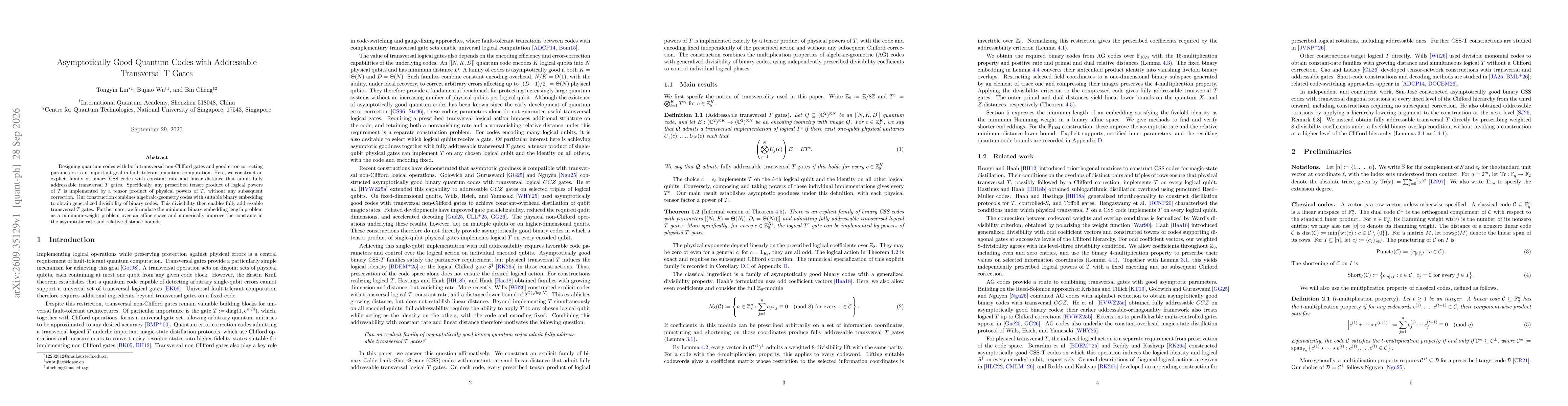 Thumbnail for Asymptotically Good Quantum Codes with Addressable Transversal T Gates