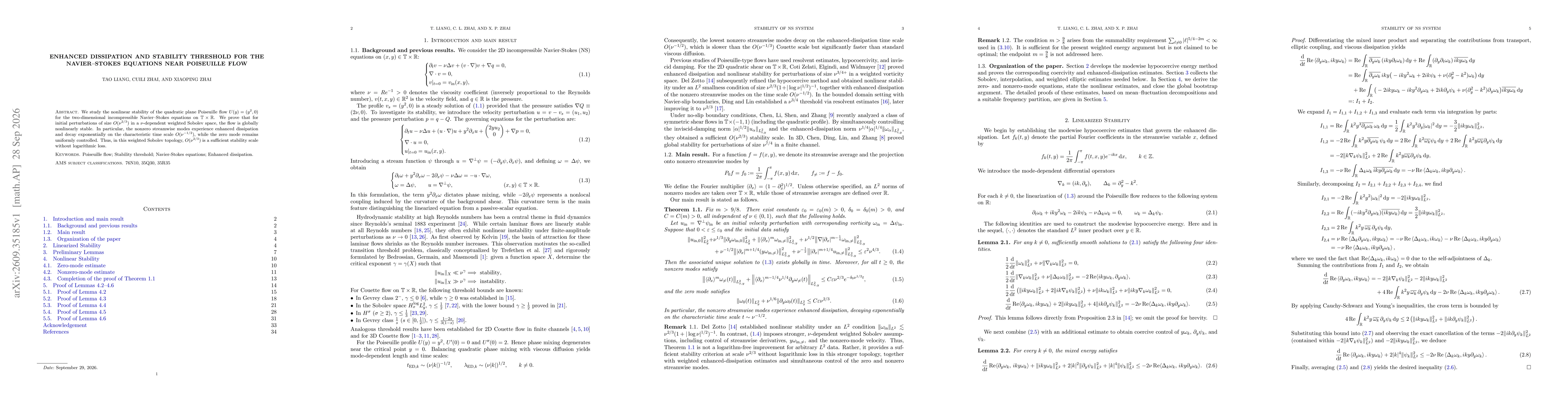 Thumbnail for Enhanced dissipation and stability threshold for the Navier--Stokes equations near Poiseuille flow