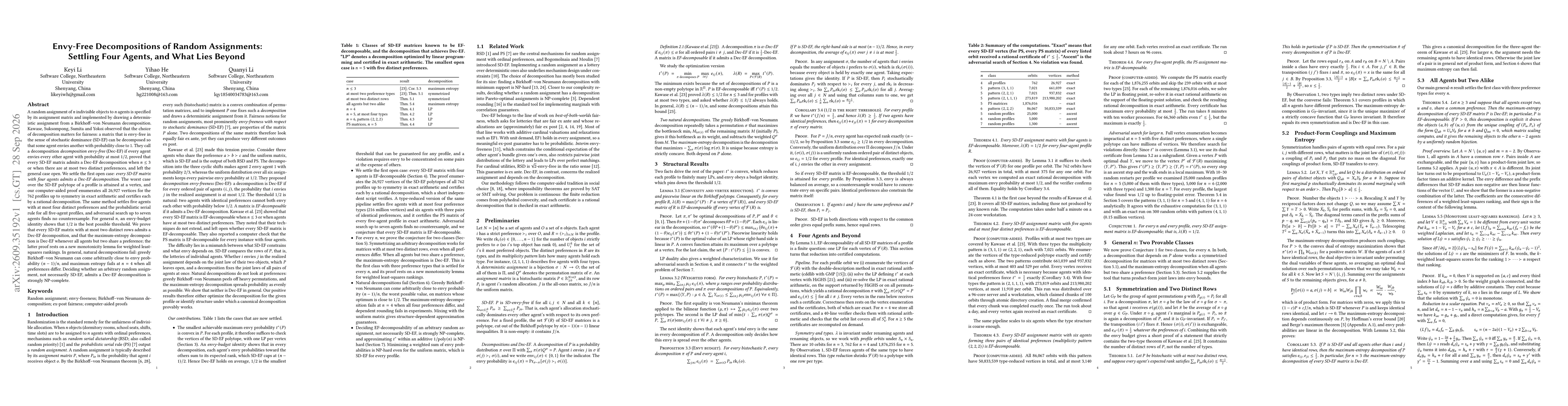 Thumbnail for Envy-Free Decompositions of Random Assignments: Settling Four Agents, and What Lies Beyond