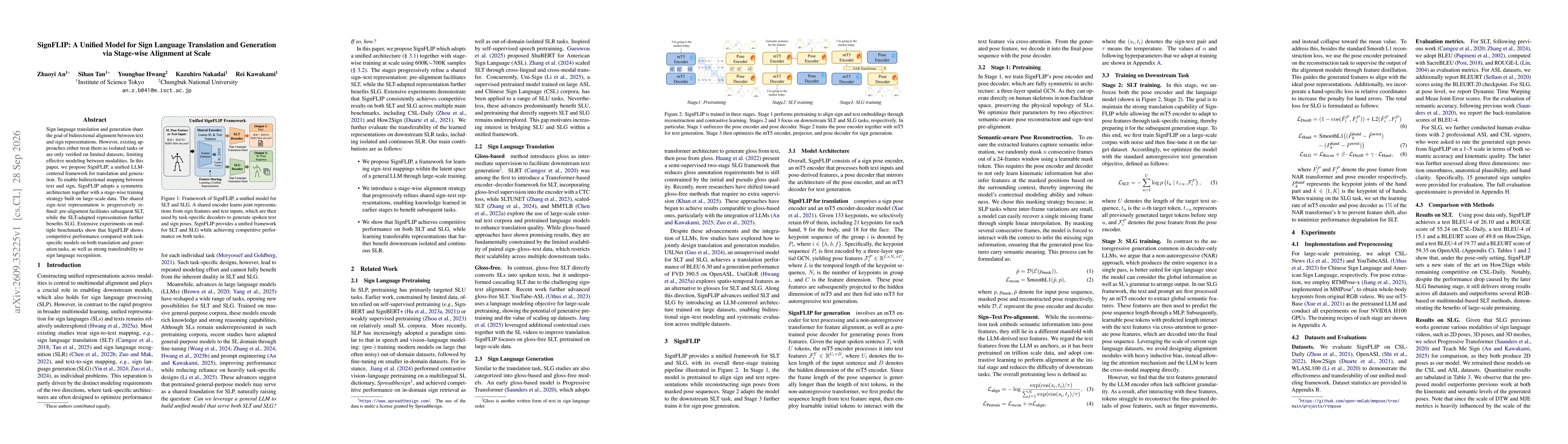 Thumbnail for SignFLIP: A Unified Model for Sign Language Translation and Generation via Stage-wise Alignment at Scale