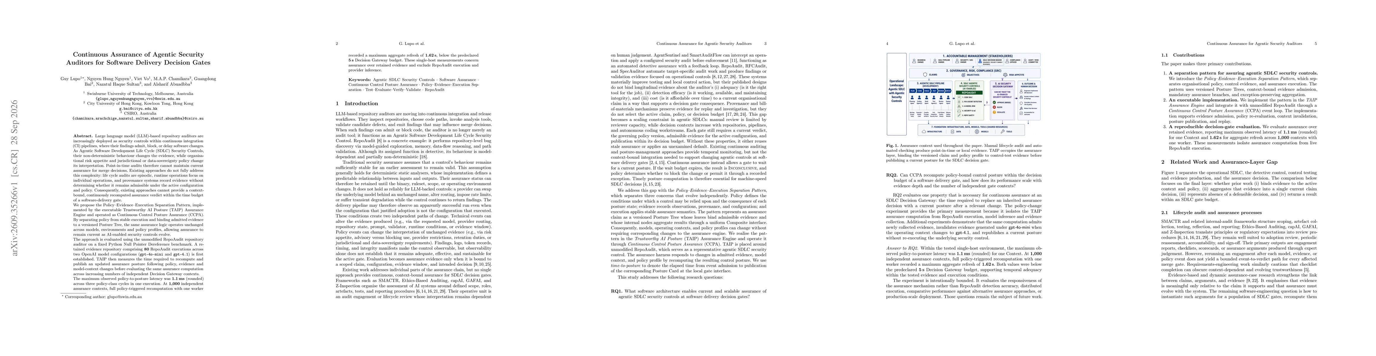 Thumbnail for Continuous Assurance of Agentic Security Auditors for Software Delivery Decision Gates