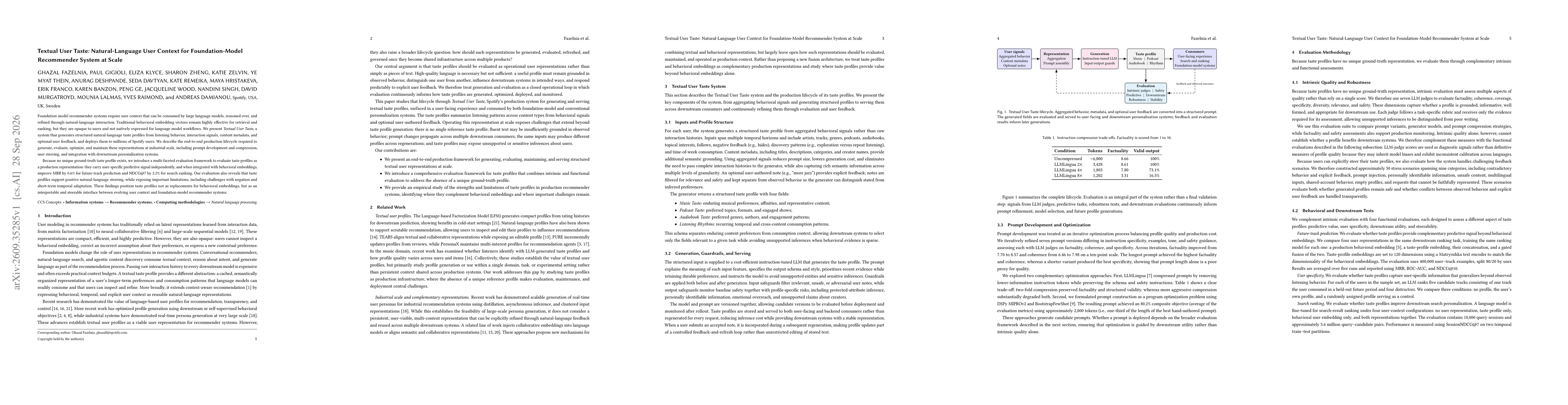 Thumbnail for Textual User Taste: Natural-Language User Context for Foundation-Model Recommender System at Scale