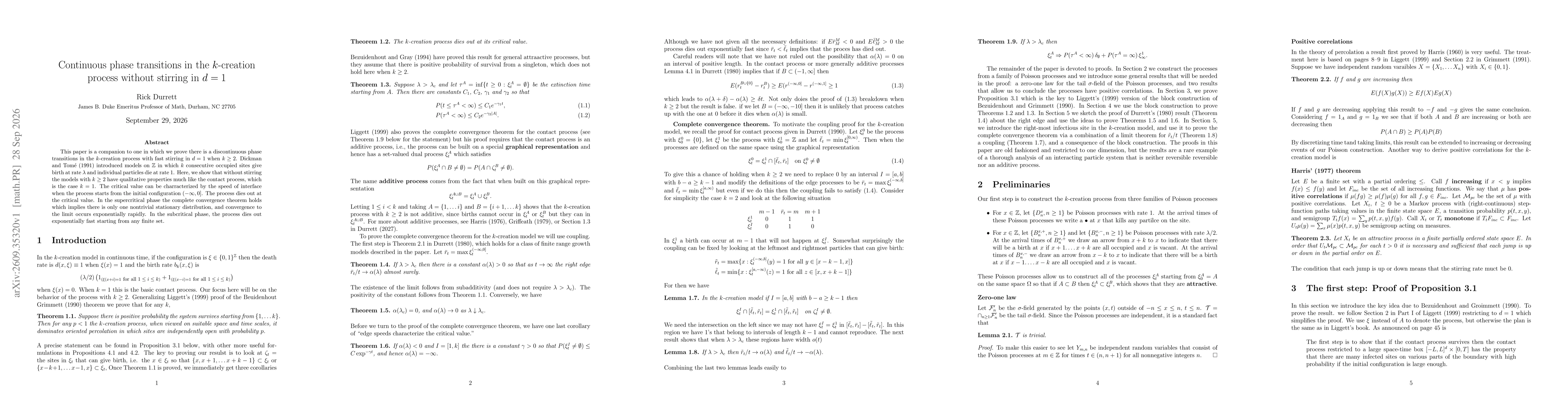 Thumbnail for Continuous phase transitions in the $k$-creation process without stirring in $d=1$