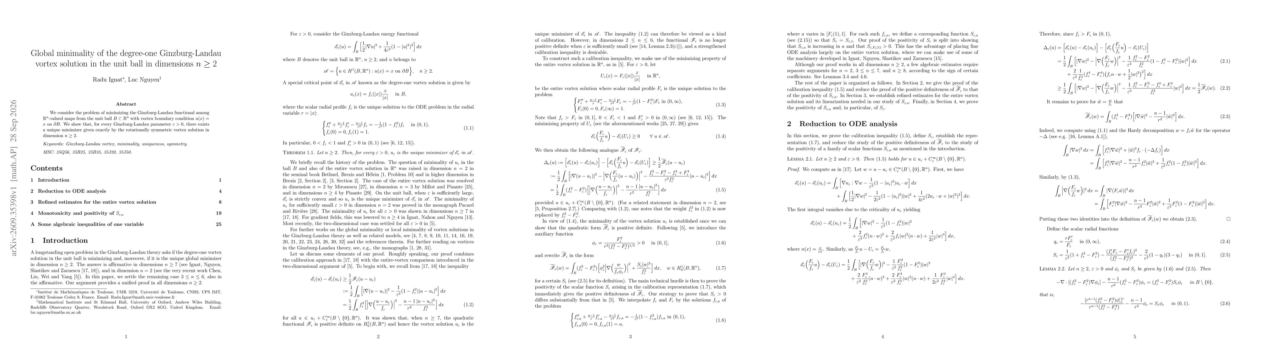 Thumbnail for Global minimality of the degree-one Ginzburg-Landau vortex solution in the unit ball in dimensions $n \geq 2$