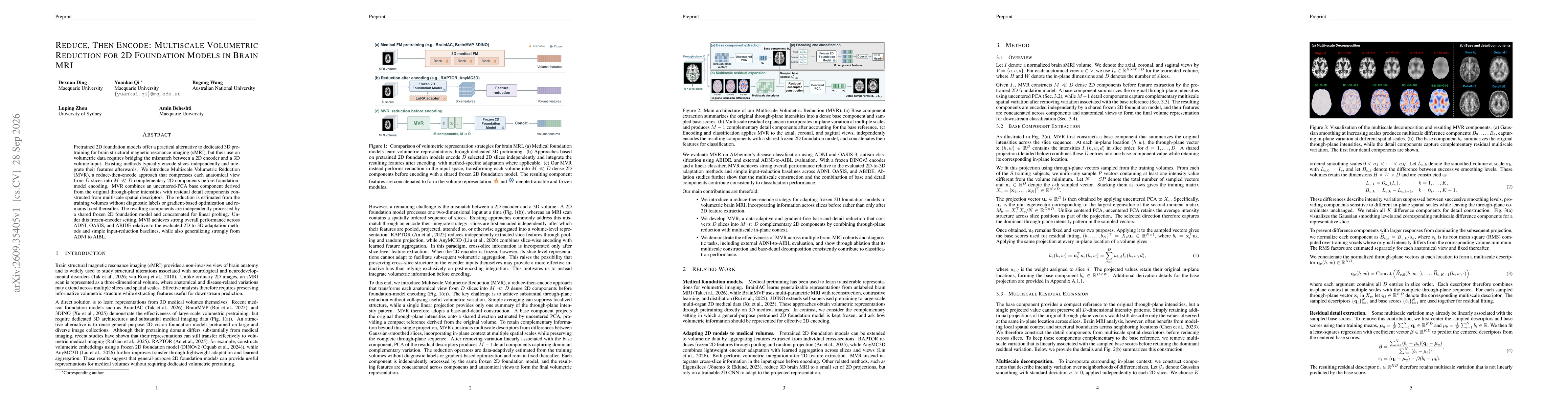 Thumbnail for Reduce, Then Encode: Multiscale Volumetric Reduction for 2D Foundation Models in Brain MRI