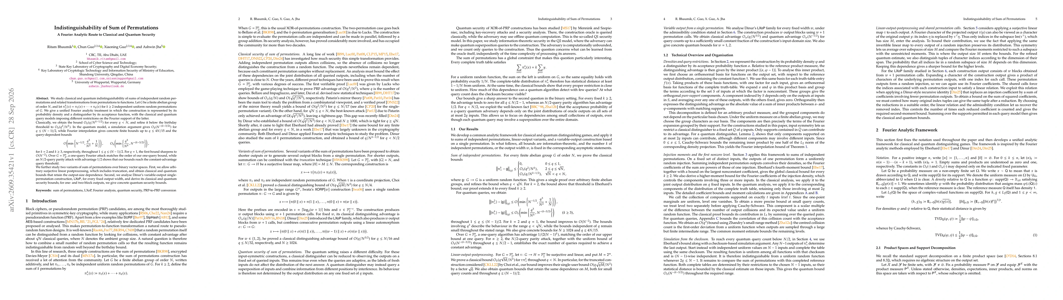 Thumbnail for Indistinguishability of Sum of Permutations: A Fourier Analytic Route to Classical and Quantum Security