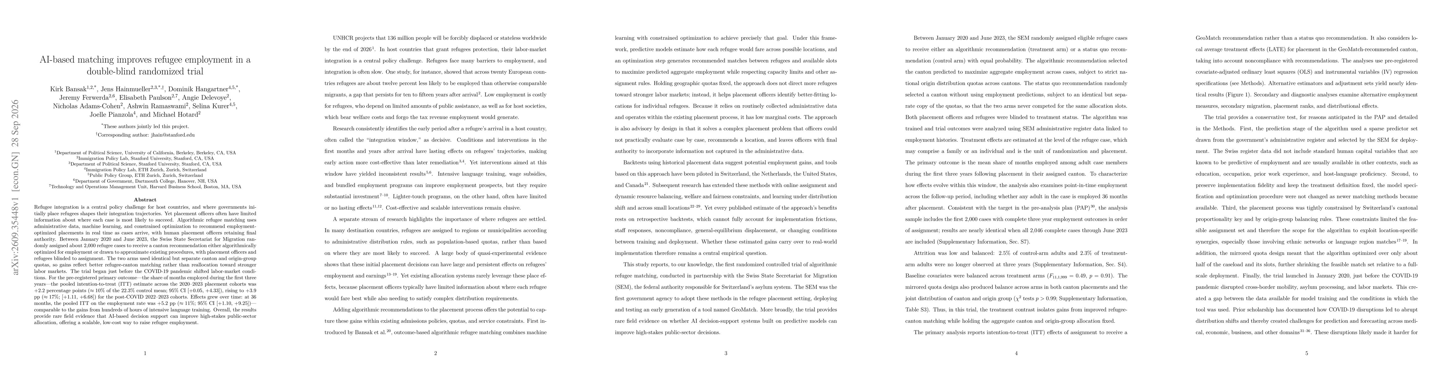 Thumbnail for AI-based matching improves refugee employment in a double-blind randomized trial