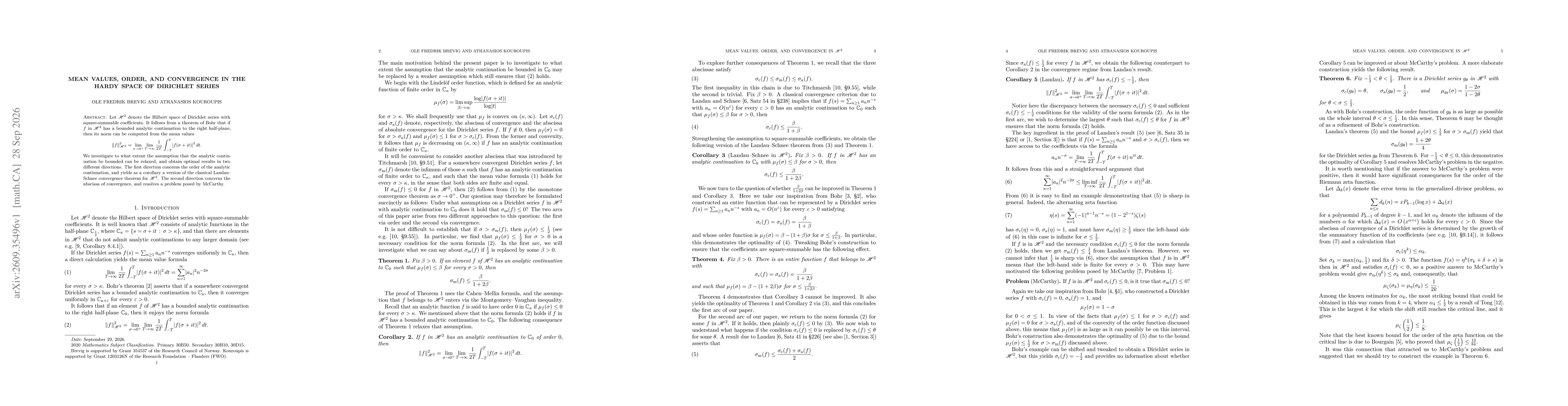 Thumbnail for Mean values, order, and convergence in the Hardy space of Dirichlet series