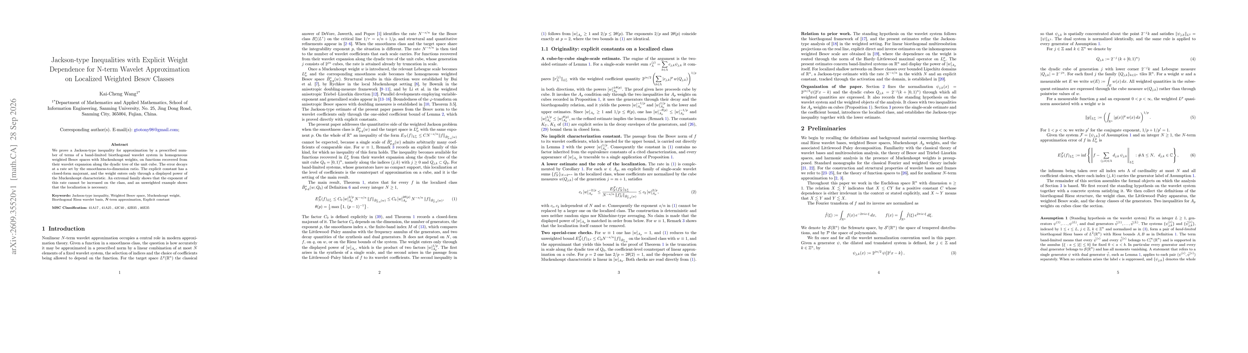 Thumbnail for Jackson-type Inequalities with Explicit Weight Dependence for N-term Wavelet Approximation on Localized Weighted Besov Classes