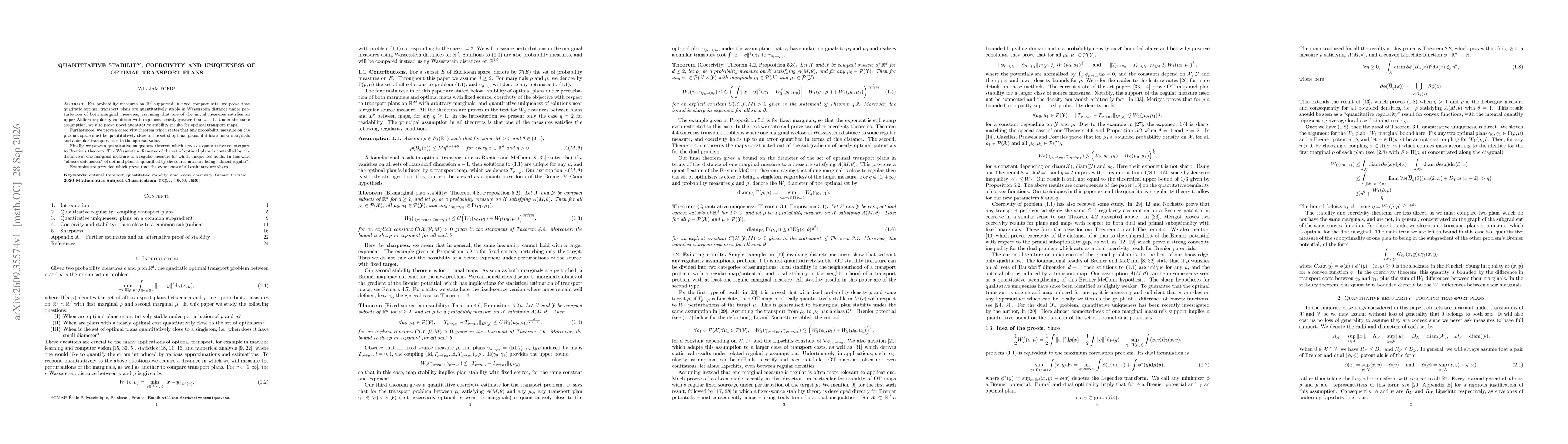 Thumbnail for Quantitative Stability, Coercivity and Uniqueness of Optimal Transport Plans