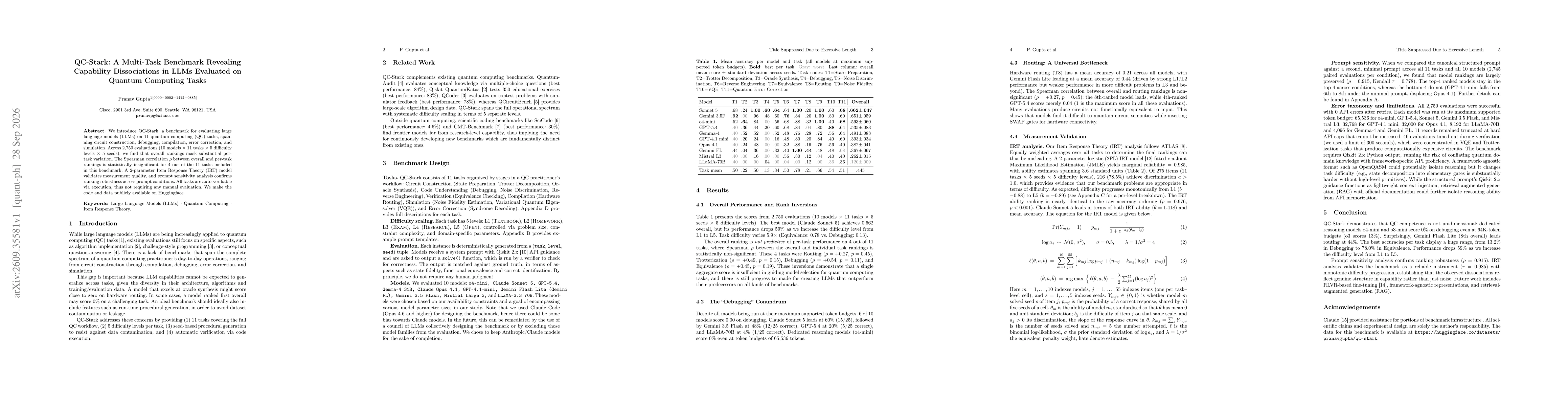 Thumbnail for QC-Stark: A Multi-Task Benchmark Revealing Capability Dissociations in LLMs Evaluated on Quantum Computing Tasks