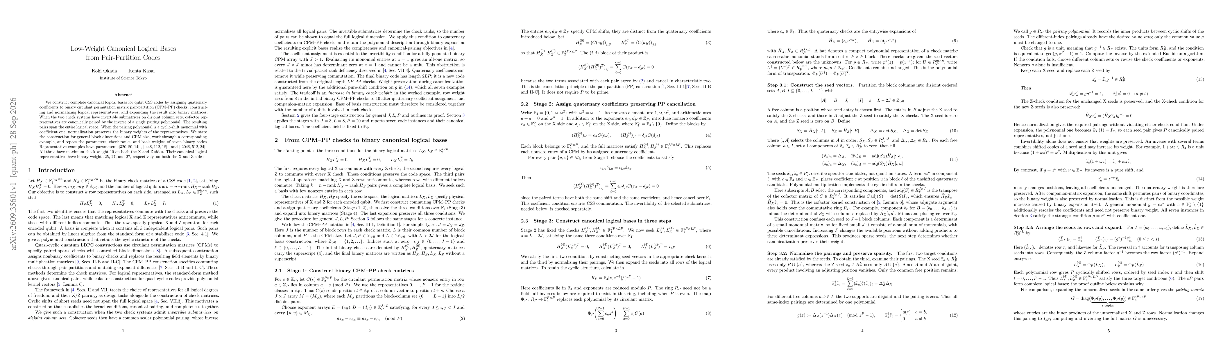 Thumbnail for Low-Weight Canonical Logical Bases from Pair-Partition Codes