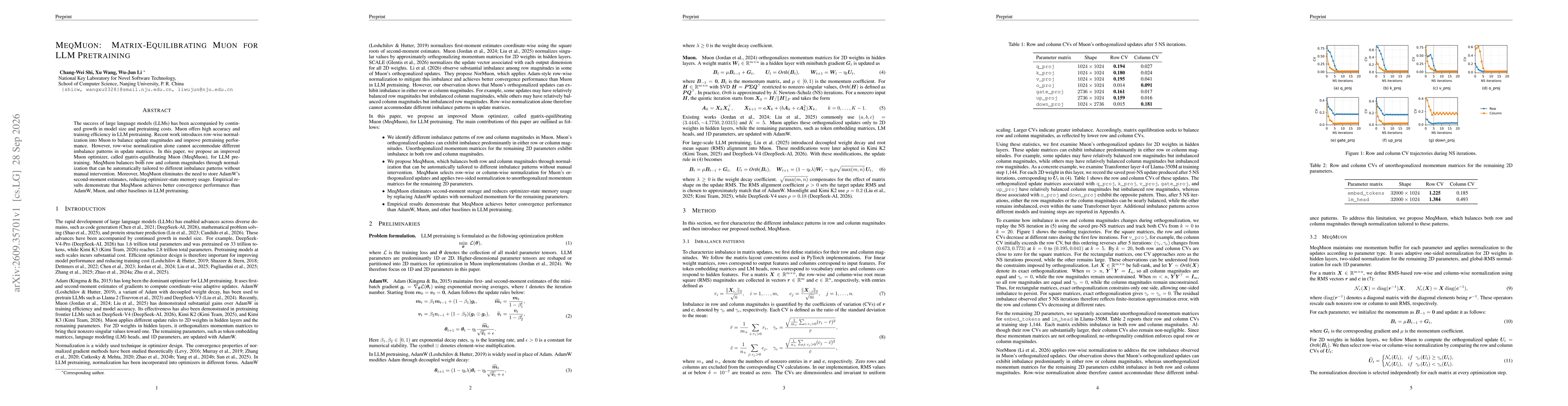 Thumbnail for MeqMuon: Matrix-Equilibrating Muon for LLM Pretraining