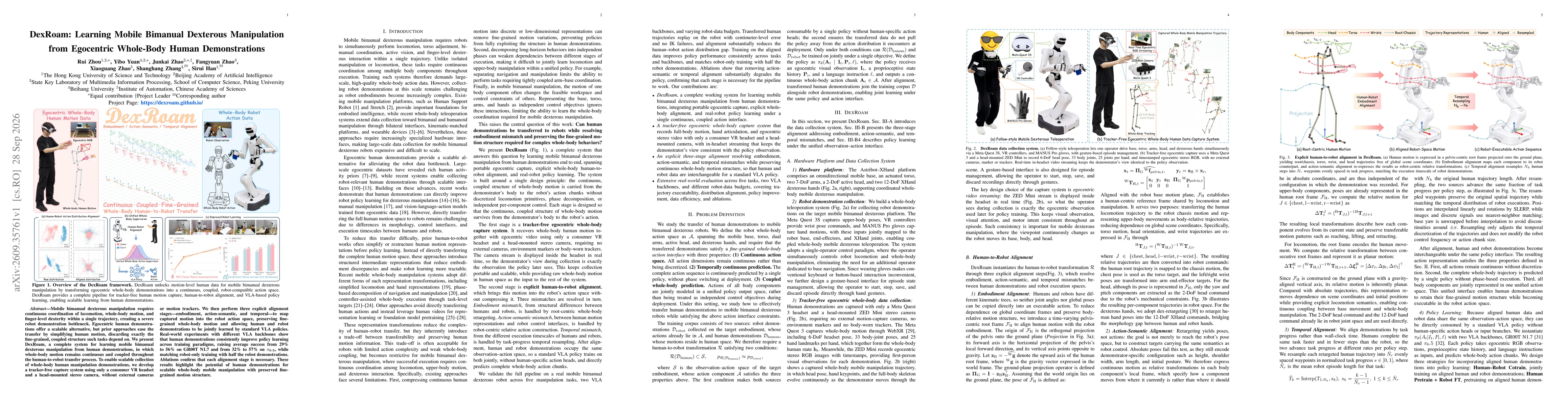 Thumbnail for DexRoam: Learning Mobile Bimanual Dexterous Manipulation from Egocentric Whole-Body Human Demonstrations