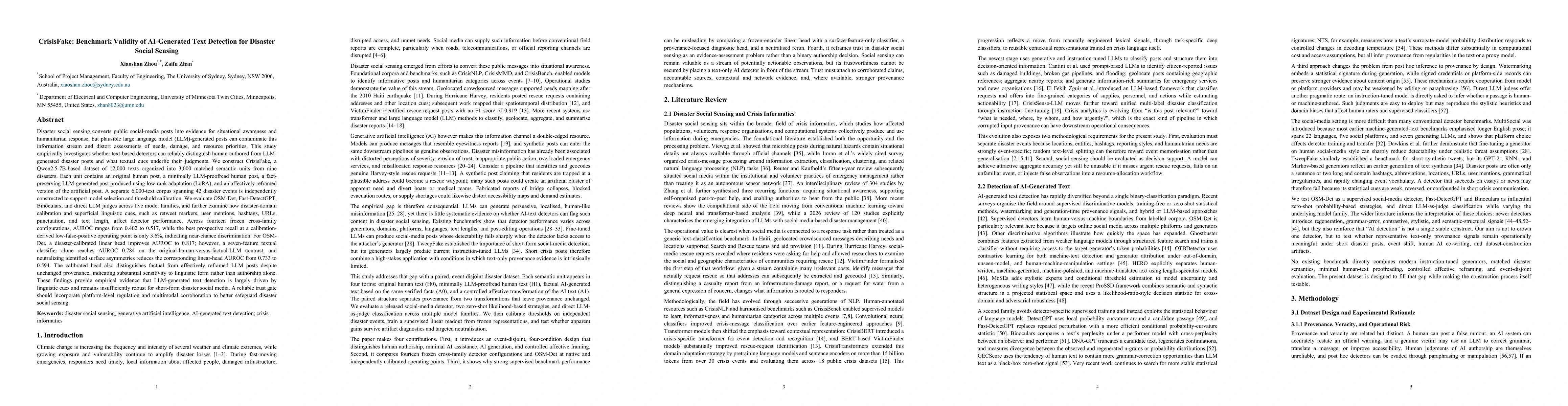 Thumbnail for CrisisFake: Benchmark Validity of AI-Generated Text Detection for Disaster Social Sensing