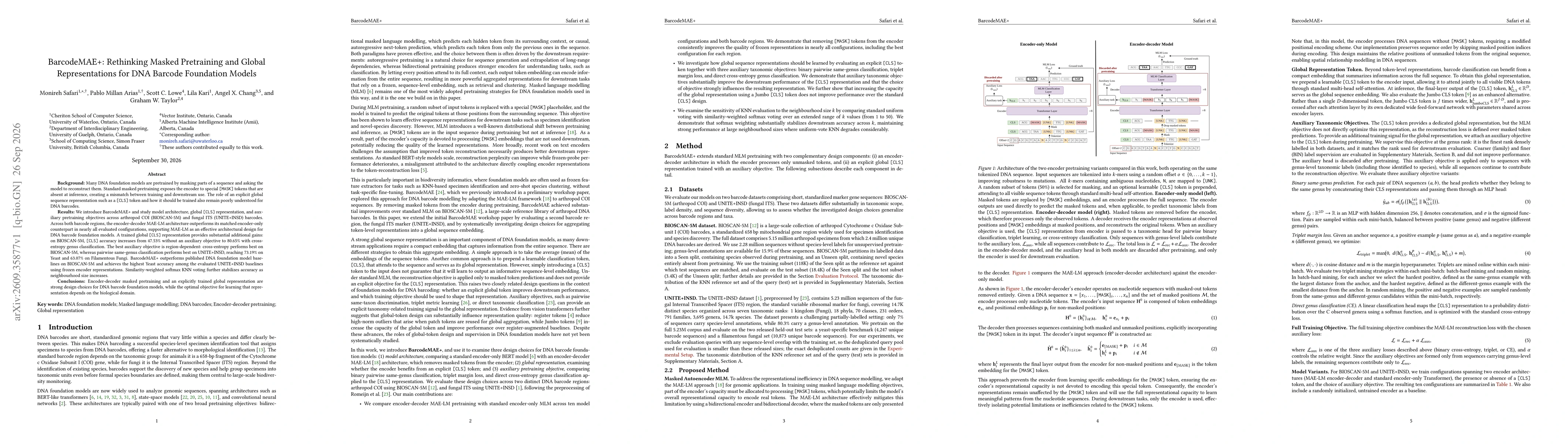 Thumbnail for BarcodeMAE+: Rethinking Masked Pretraining and Global Representations for DNA Barcode Foundation Models