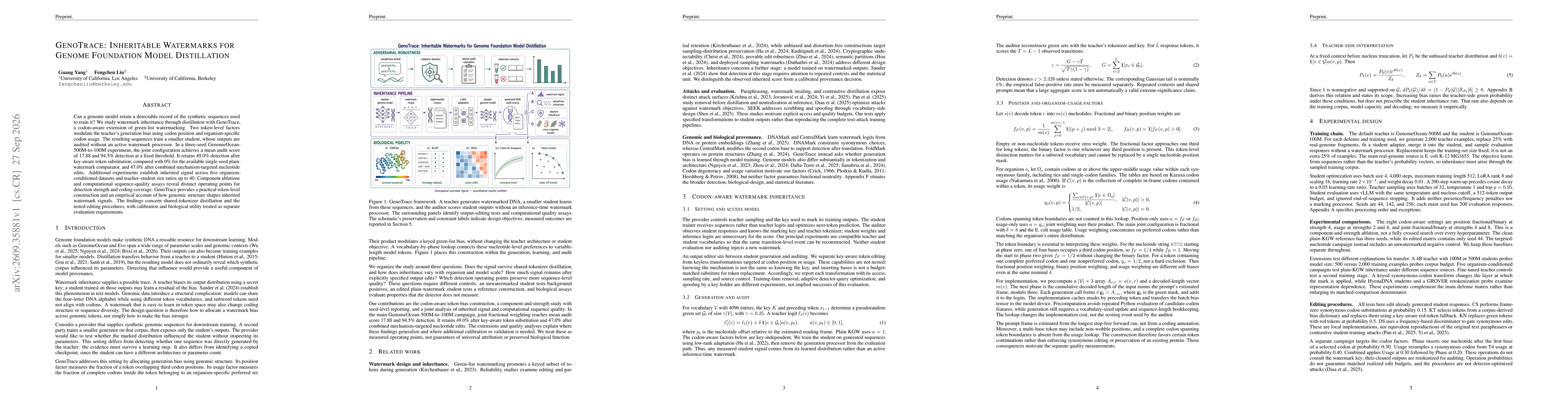 Thumbnail for GenoTrace: Inheritable Watermarks for Genome Foundation Model Distillation