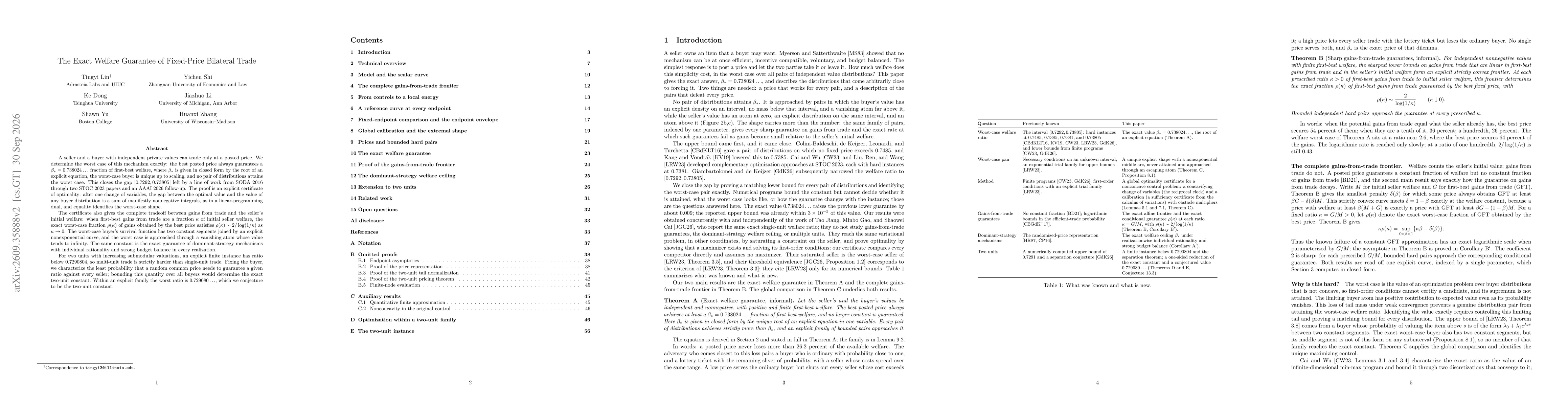 Thumbnail for The Exact Welfare Guarantee of Fixed-Price Bilateral Trade