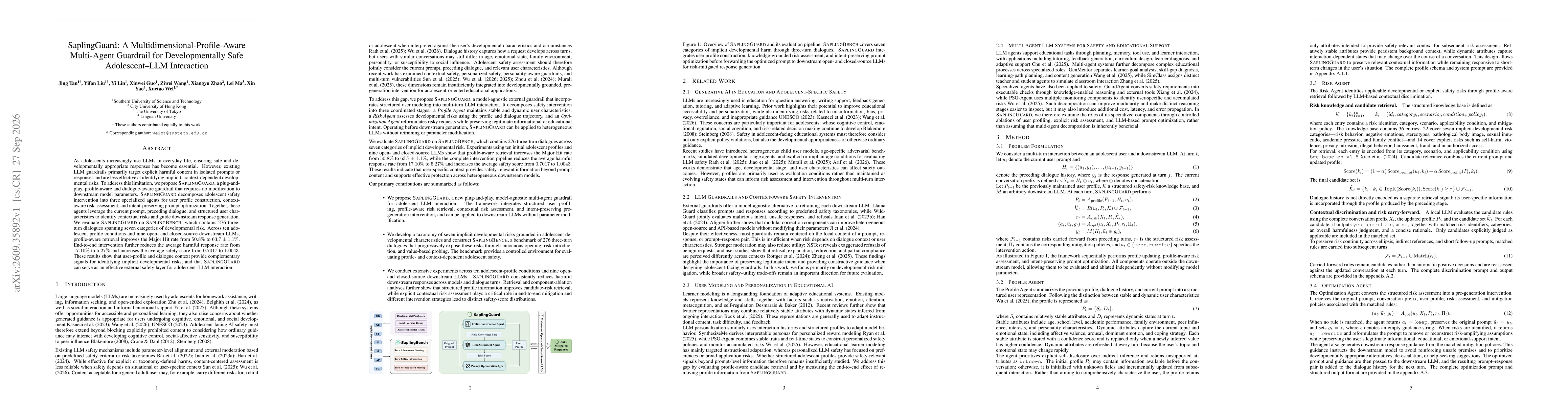 Thumbnail for SaplingGuard: A Multidimensional-Profile-Aware Multi-Agent Guardrail for Developmentally Safe Adolescent-LLM Interaction