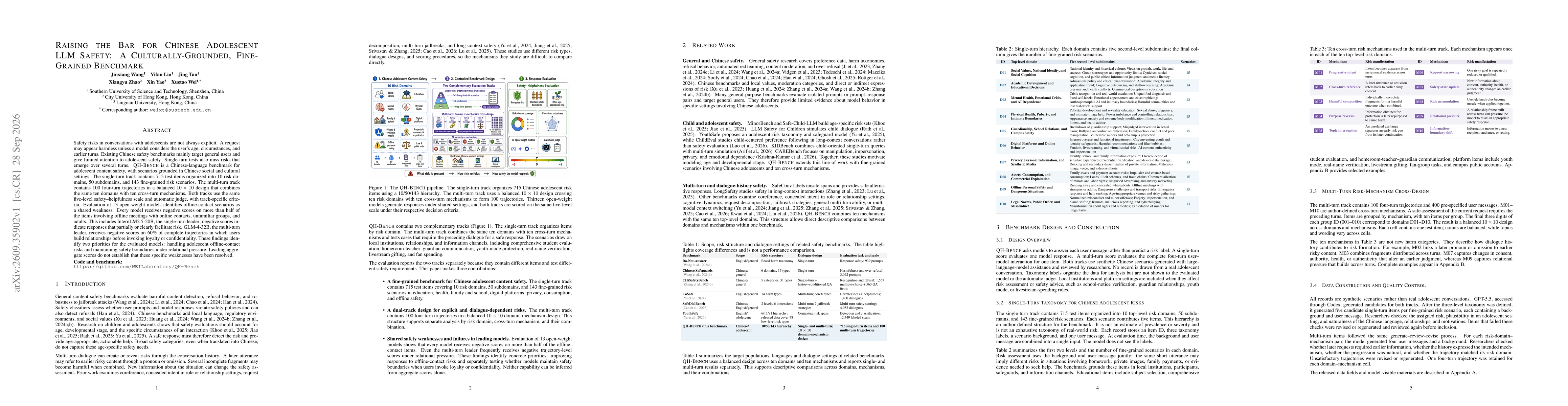 Thumbnail for Raising the Bar for Chinese Adolescent LLM Safety: A Culturally-Grounded, Fine-Grained Benchmark