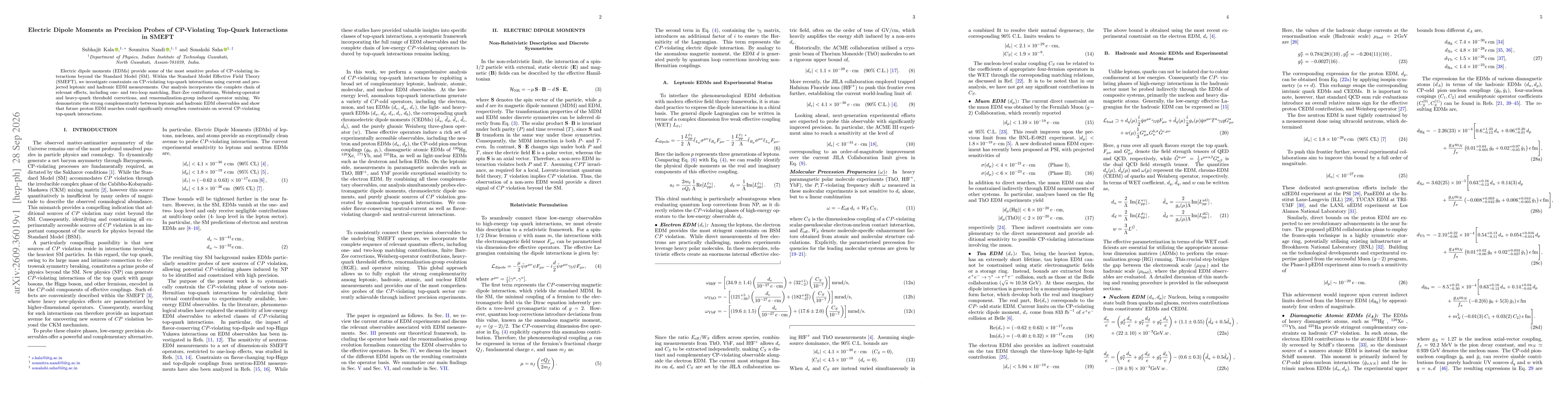 Thumbnail for Electric Dipole Moments as Precision Probes of CP-Violating Top-Quark Interactions in SMEFT