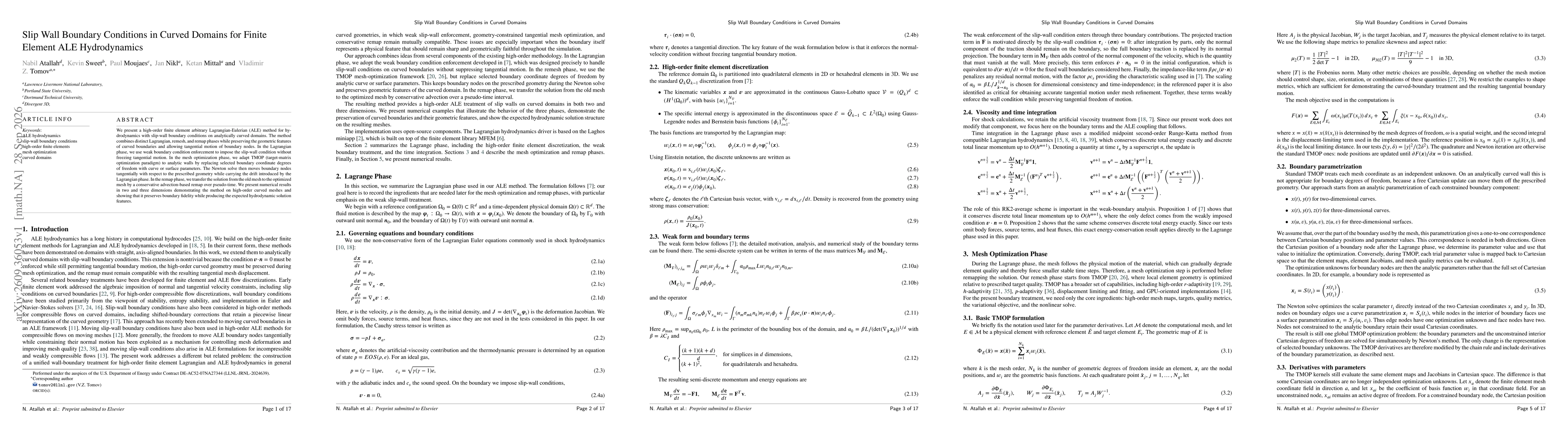 Thumbnail for Slip Wall Boundary Conditions in Curved Domains for Finite Element ALE Hydrodynamics