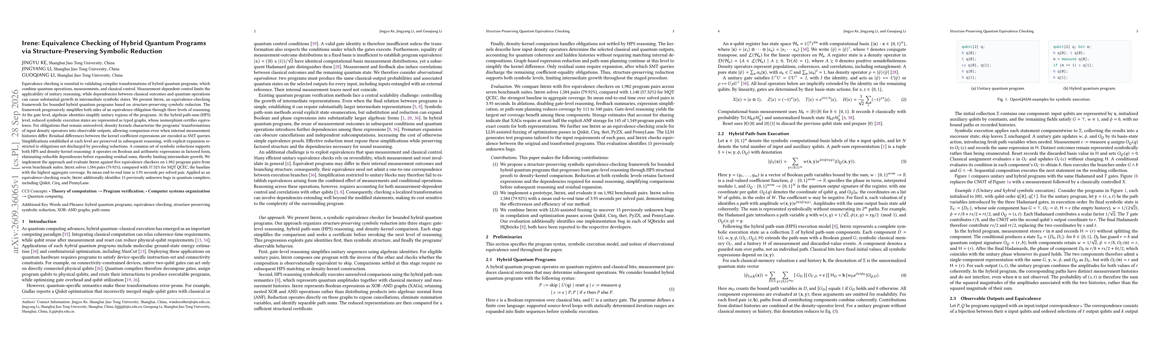 Thumbnail for Irene: Equivalence Checking of Hybrid Quantum Programs via Structure-Preserving Symbolic Reduction