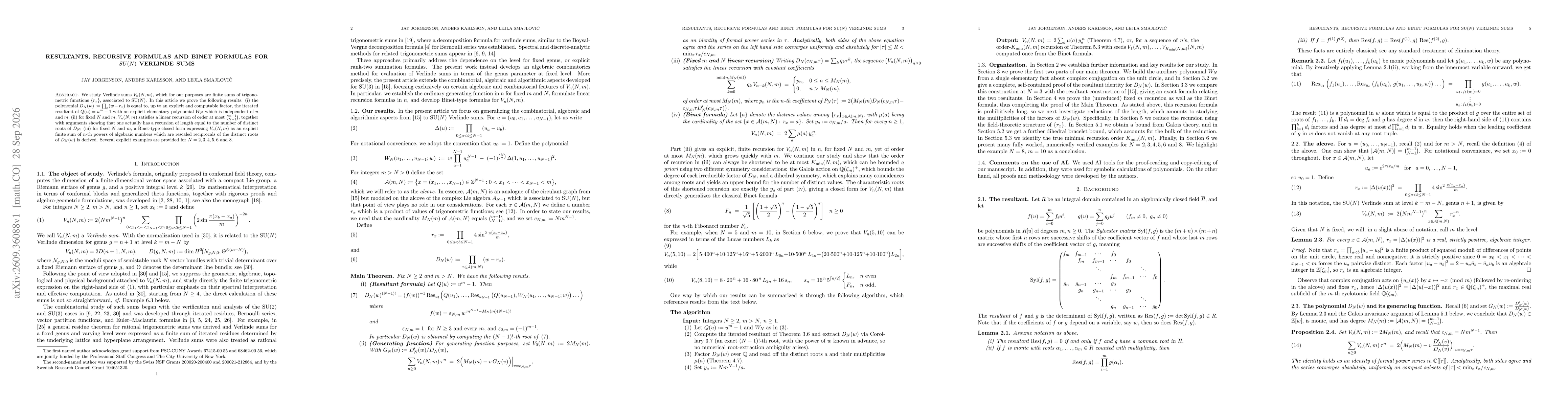 Thumbnail for Resultants, Recursive Formulas and Binet Formulas for $\textrm{SU}(N)$ Verlinde Sums
