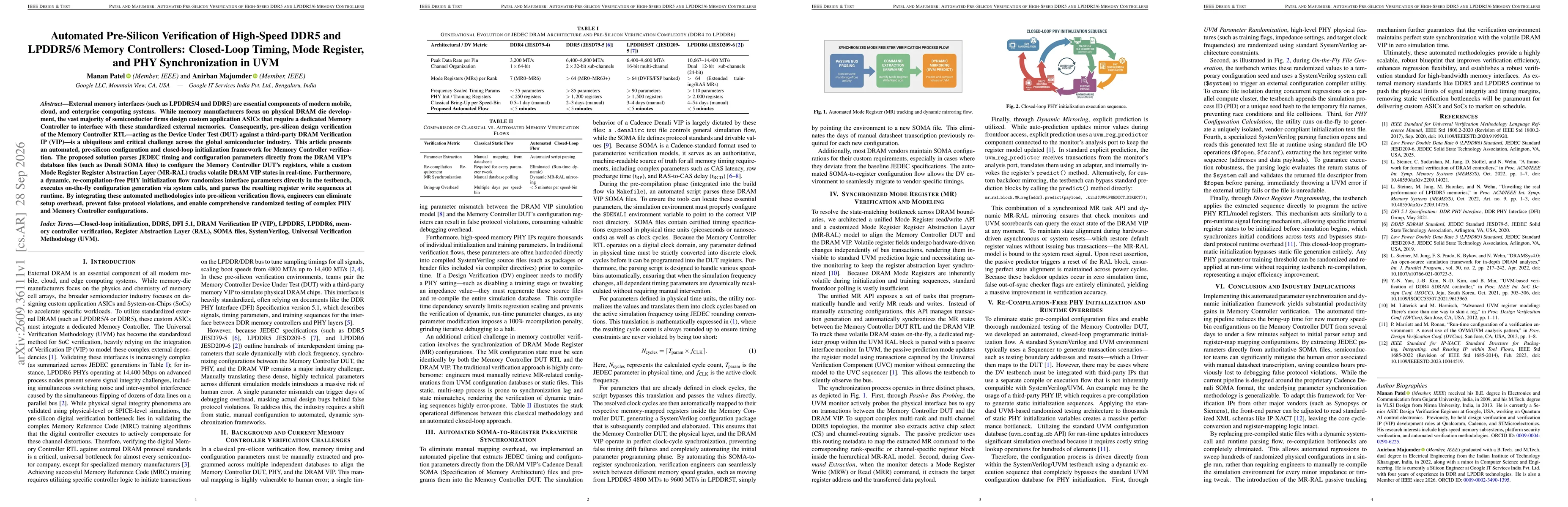 Thumbnail for Automated Pre-Silicon Verification of High-Speed DDR5 and LPDDR5/6 Memory Controllers: Closed-Loop Timing, Mode Register, and PHY Synchronization in UVM