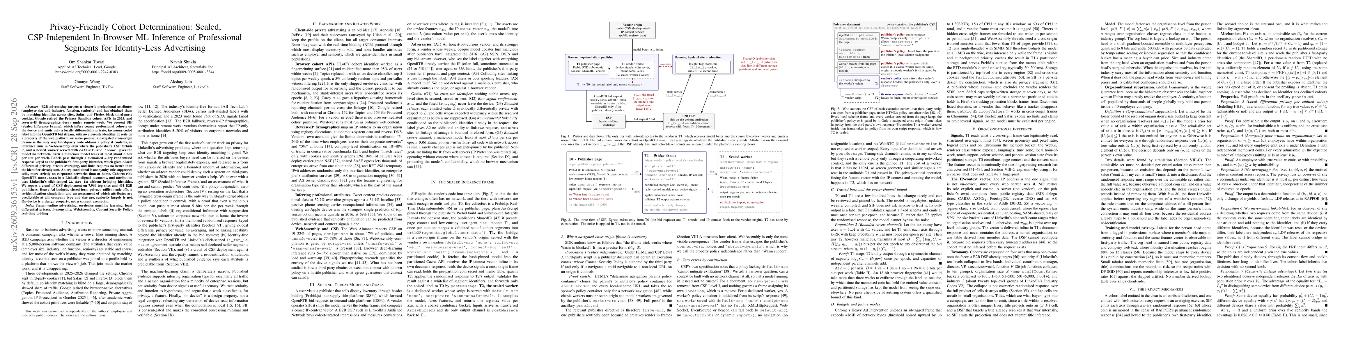 Thumbnail for Privacy-Friendly Cohort Determination: Sealed, CSP-Independent In-Browser ML Inference of Professional Segments for Identity-Less Advertising