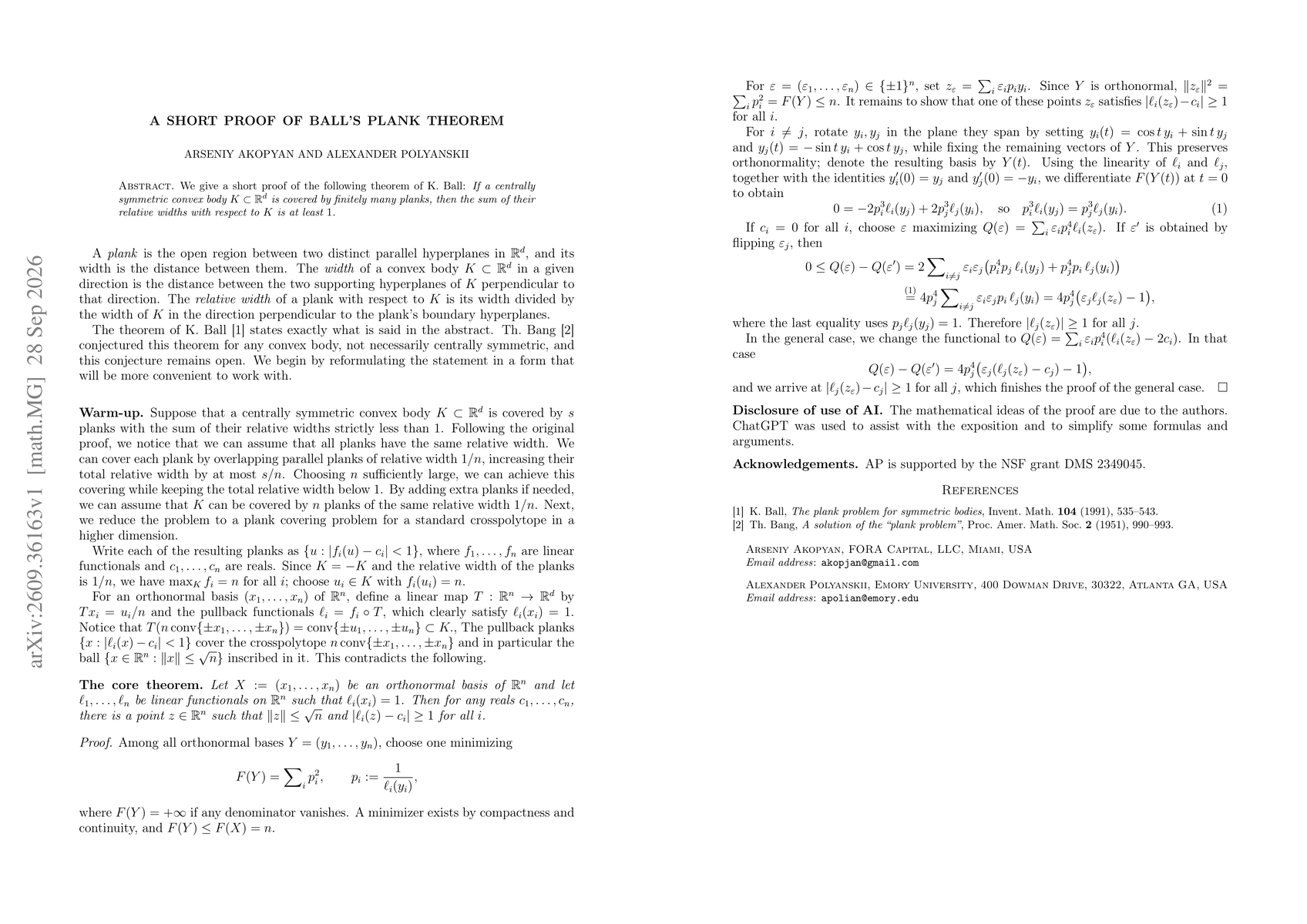 Thumbnail for A short proof of Ball's plank theorem