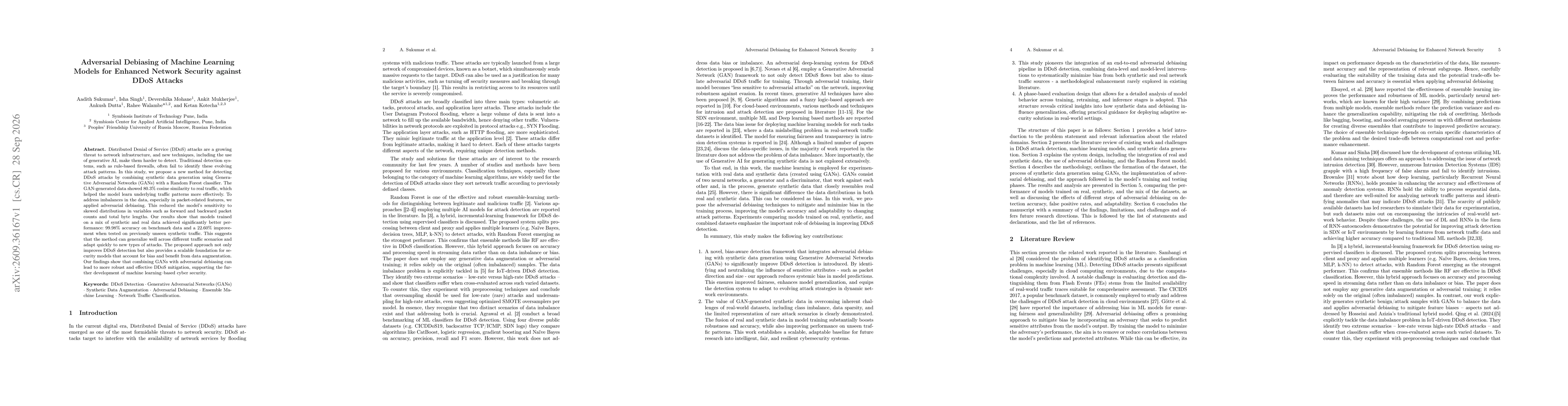Thumbnail for Adversarial Debiasing of Machine Learning Models for Enhanced Network Security against DDoS Attacks