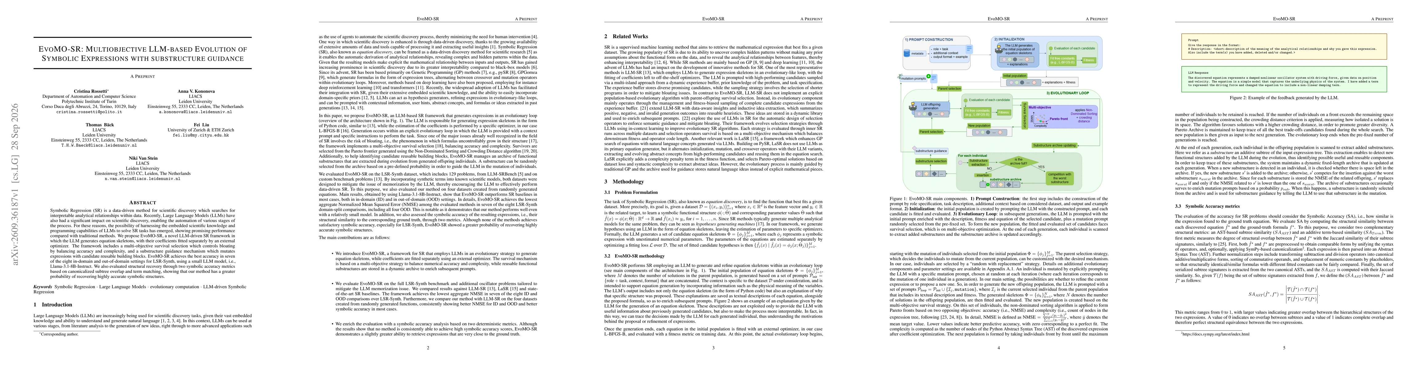 Thumbnail for EvoMO-SR: Multiobjective LLM-based Evolution of Symbolic Expressions with substructure guidance