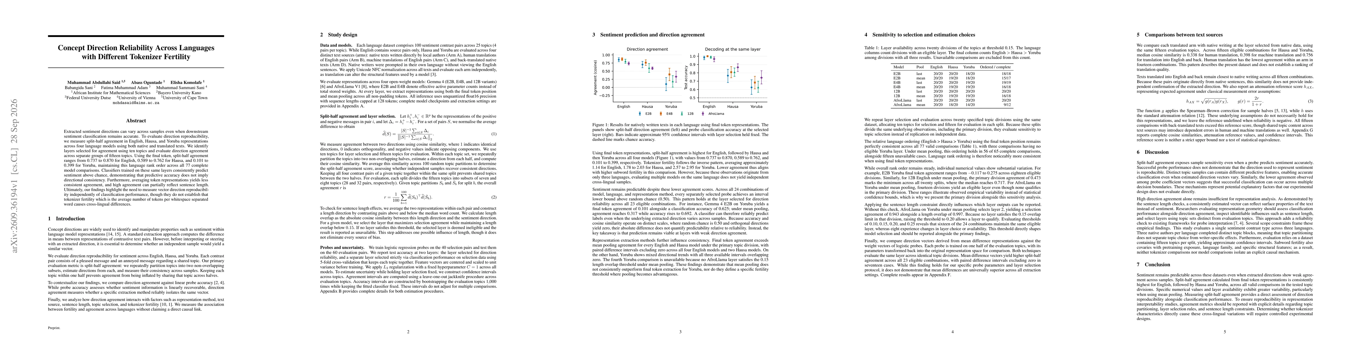 Thumbnail for Concept Direction Reliability Across Languages with Different Tokenizer Fertility
