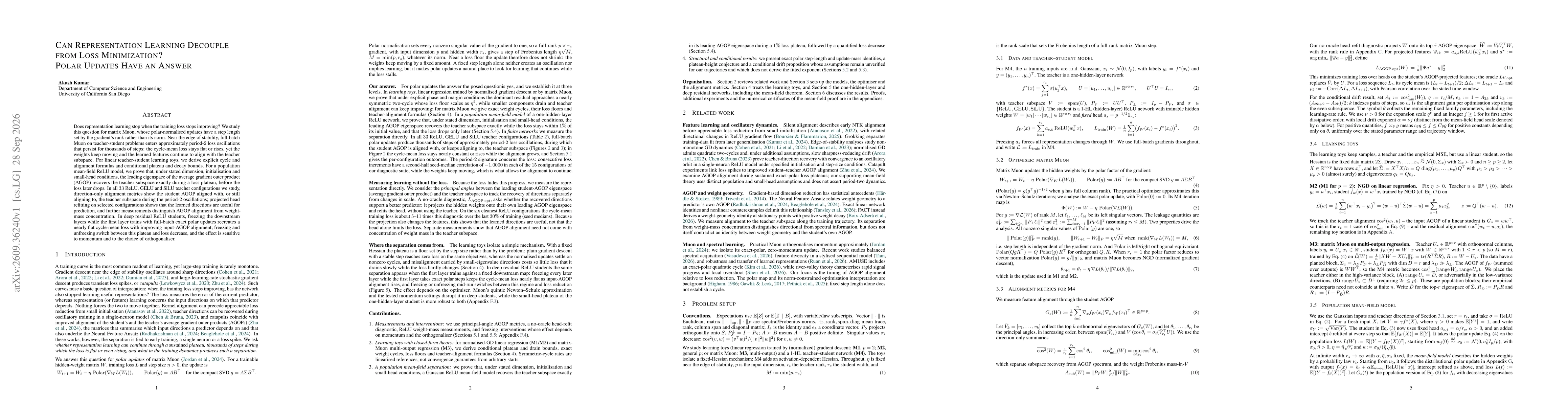 Thumbnail for Can Representation Learning Decouple from Loss Minimization? Polar Updates Have an Answer