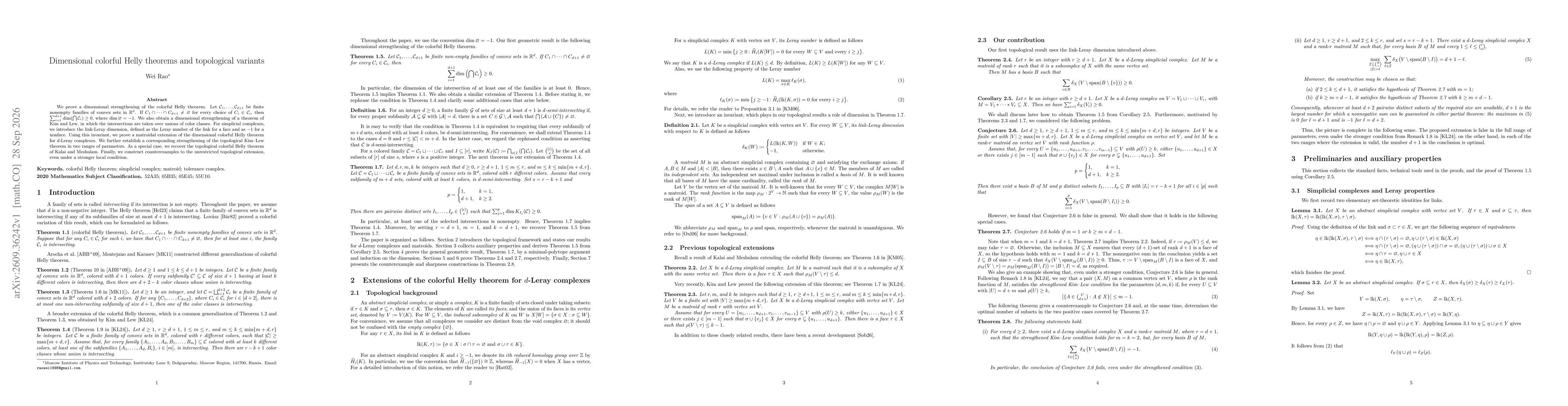 Thumbnail for Dimensional colorful Helly theorems and topological variants