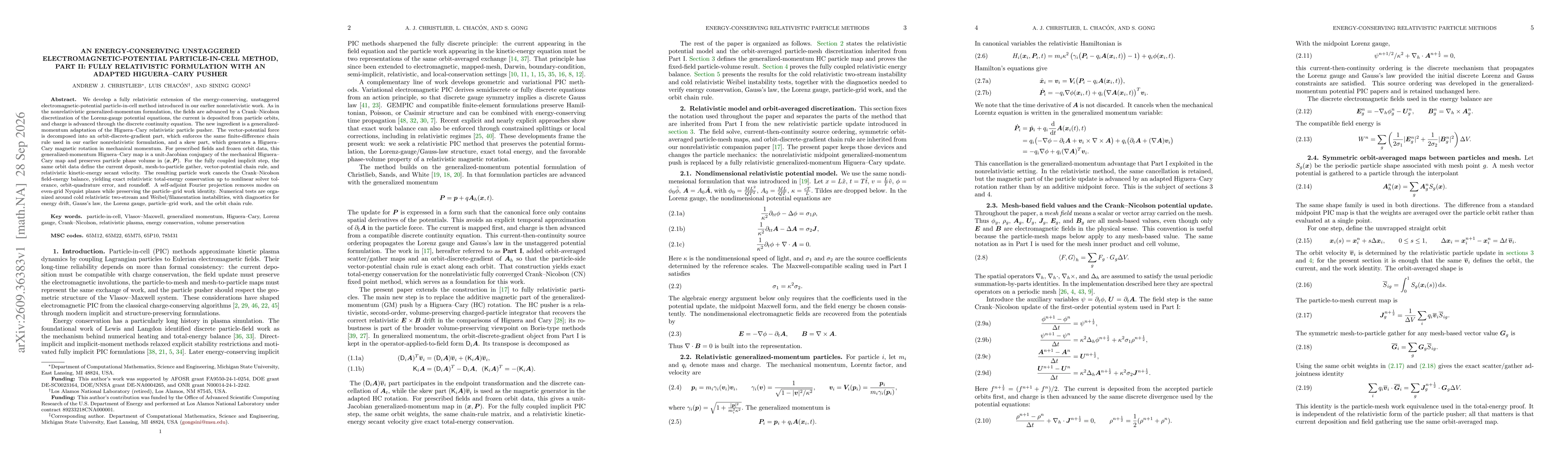 Thumbnail for An Energy-Conserving Unstaggered Electromagnetic-Potential Particle-in-Cell Method, Part II: Fully Relativistic Formulation with an Adapted Higuera--Cary Pusher