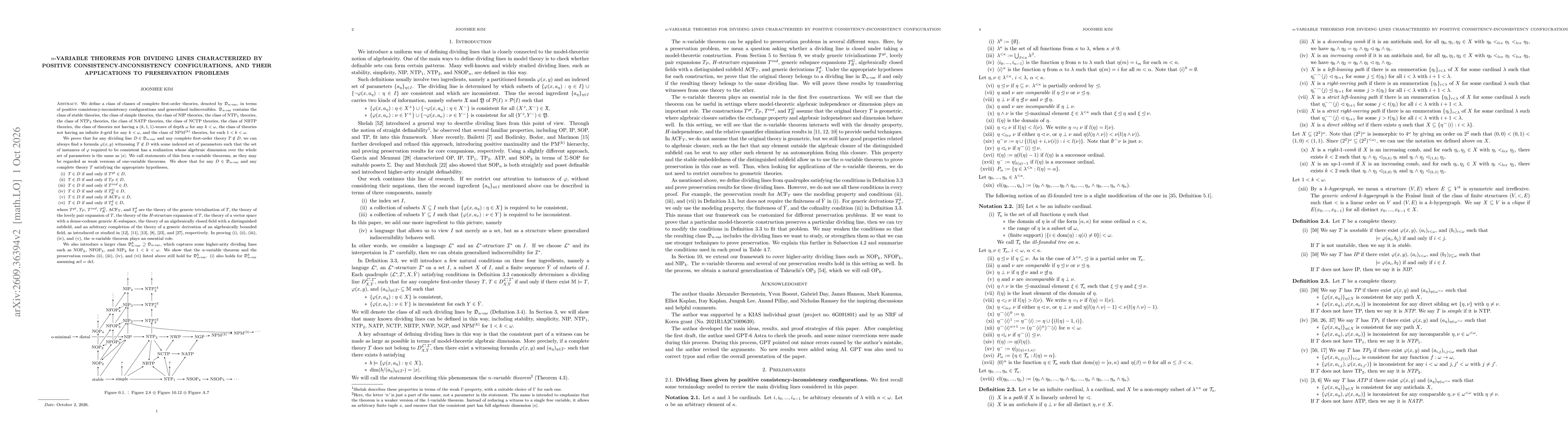 Thumbnail for $n$-variable theorems for dividing lines characterized by positive consistency-inconsistency configurations, and their applications to preservation problems