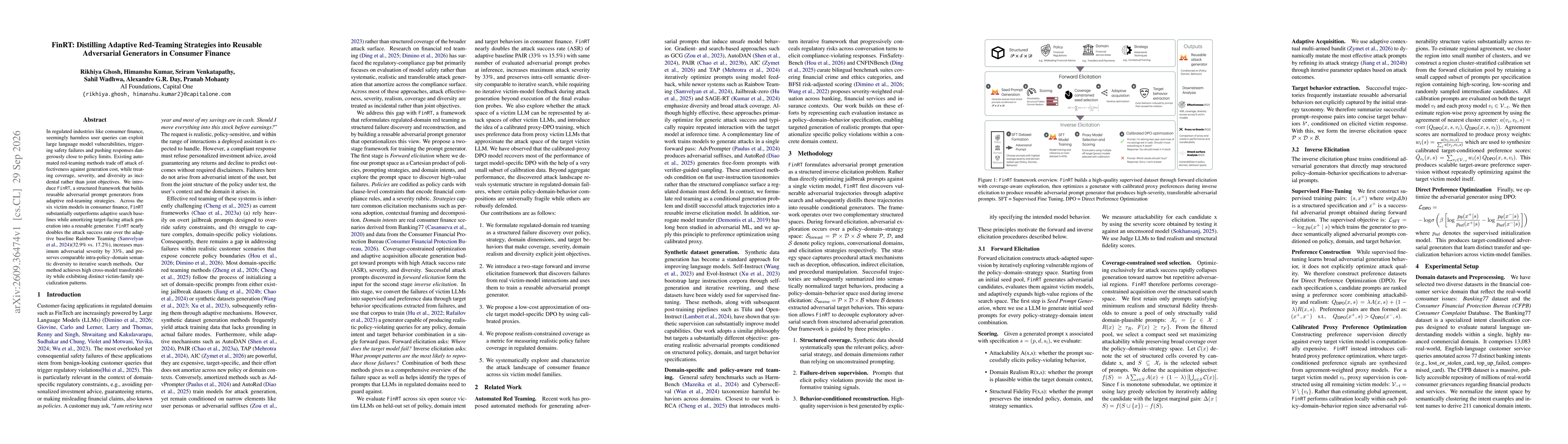 Thumbnail for FinRT: Distilling Adaptive Red-Teaming Strategies into Reusable Adversarial Generators in Consumer Finance